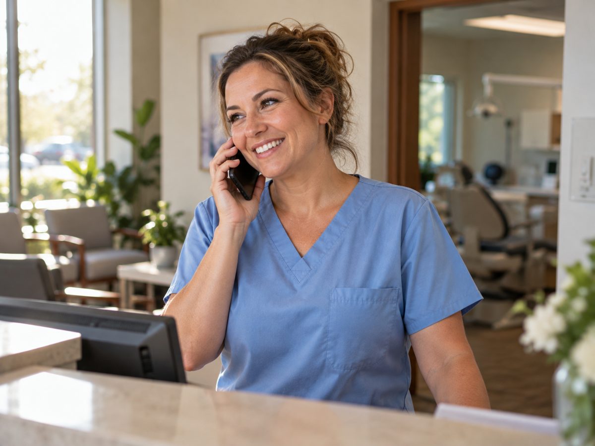 Dental office receptionist taking a call at the front desk